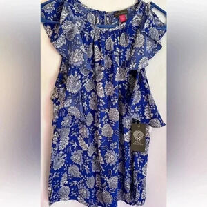Vince Camuto NWT! Blue White Floral Ruffle Trim NEW Women's Sleeveless Top XS